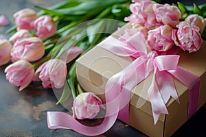 Gift Box with Pink Ribbon Beside Fresh Tulips