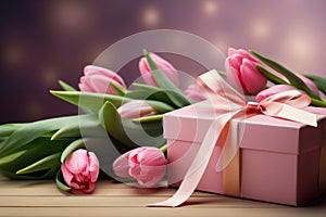 Gift Box with Pink Ribbon Beside Fresh Tulips