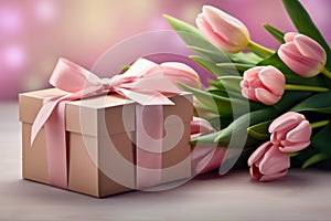 Gift Box with Pink Ribbon Beside Fresh Tulips