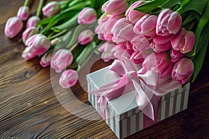 Gift Box with Pink Ribbon Beside Fresh Tulips