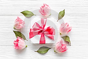 Gift box with pink ribbon. Happy Mothers day greeting card