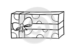 Gift box with polka dots and bow cartoon. Christmas or birthday present illustration outline.
