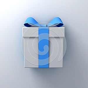 Gift box present with blue ribbon bow on white wall background