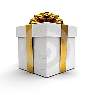 Gift box , Present box with gold ribbon bow on white background with shadow