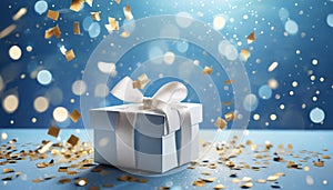 Gift box or present and flying confetti against blue bokeh background