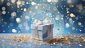 Gift box or present and flying confetti against blue bokeh background