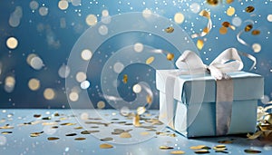 Gift box or present and flying confetti against blue bokeh background