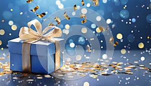 Gift box or present and flying confetti against blue bokeh background