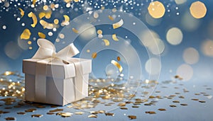 Gift box or present and flying confetti against blue bokeh background