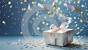 Gift box or present and flying confetti against blue bokeh background