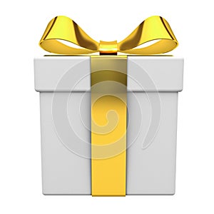 Gift box present with gold ribbon bow isolated on white background