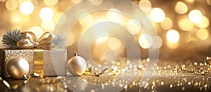 A gift box present in luxury gold decoration with sparkle on table with sof blur light gold.For winter festive celebration event.