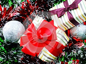 Gift box present with red ribbon christmas background