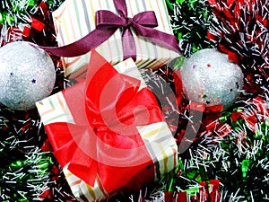 Gift box present with red ribbon christmas background