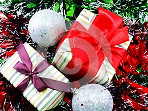 Gift box present with red ribbon christmas background