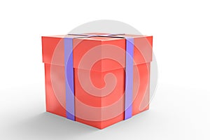 Gift box red color with blue ribbon isolated 3d illustration