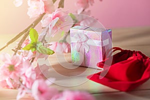 Gift box and Red Gift Bag wrapped and plum blossom Christmas and Newyear presents with bows and ribbons, Christmas frame boxing.