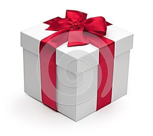 Gift box with red ribbon.