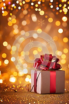 Gift box with red ribbon against magic golden lights and bokeh background. Christmas holiday greeting card