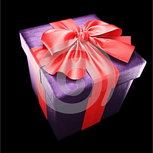 Gift box with red ribbon on black background. 3d