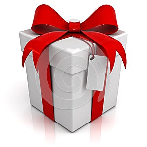 Gift box with red ribbon bow and blank tag on white background
