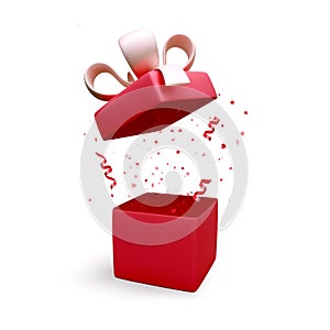 Gift box with red ribbon and bow and falling confetti. Holiday banner with open box. Present box decoration design element