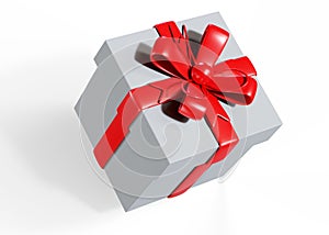 Gift box with red ribbon bow isolated over white background 3d render