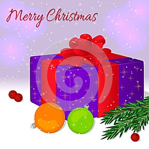 Gift box with a red ribbon and a bow. Merry Christmas and Happy New year card or invitation. Christmas card in cartoon