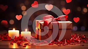 A gift box with a red ribbon surrounded by rose petals and candles on flying heart shapes background