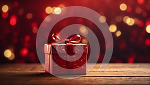 Gift box with red ribbon on wooden table against defocused lights. AI Generated.