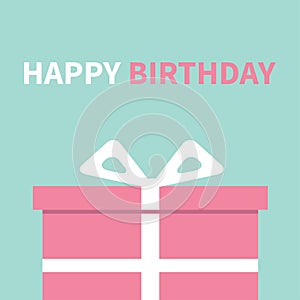 Gift box with ribbon and bow. Present giftbox. Happy Birthday greeting card. Blue background. . Flat design.