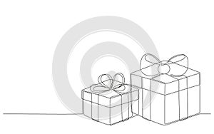 Gift box with ribbon for card, presentation on Christmas, birthday or holiday, continuous one art line drawing. Present