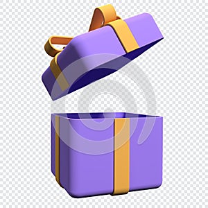 Gift box with ribbon isolated on transparent background. Open gift box. Minimal surprise package. 3d rendering illustration