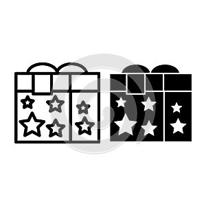 Gift box with a ribbon line and glyph icon. Magic box with stars vector illustration isolated on white. Present outline