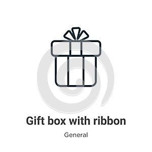 Gift box with ribbon outline vector icon. Thin line black gift box with ribbon icon, flat vector simple element illustration from