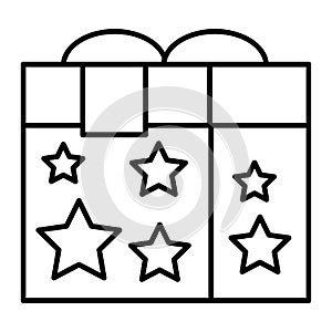 Gift box with a ribbon thin line icon. Magic box with stars vector illustration isolated on white. Present outline style