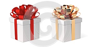 Gift box with ribbon, vector isolated illustration. Present with a red and a gold bow.