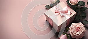 gift box with roses on pink background. mothers day, valentines day, aniversary. copy space. generative AI