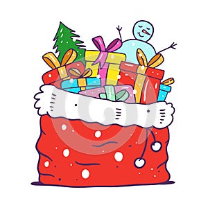 Gift box in santa red bag. Cartoon style iilustration. Christmas card.