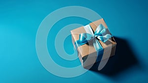 Gift box with satin ribbon and bow on blue background. Holiday gift with copy space. Birthday or Christmas present, flat lay, top