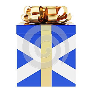 Gift box with Scottish flag. Holiday in Scotland, concept. 3D rendering
