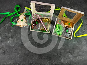 Gift box with set of different dried fruits nuts individually wrapped flat lay. Healthy food diet. Christmas celebration