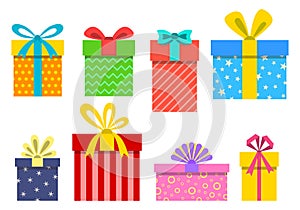 Gift box set. Present boxes icons for Christmas or Birthday with ribbon and bow. Vector illustration