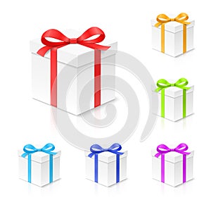 Gift box set with red, gold, blue, green and purple color bow knot, ribbon isolated on white background