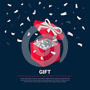 Gift Box and silver Confetti. Red jewelry box on dark background. Template for cosmetics and jewelry shops. Christmas