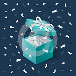 Gift Box and silver Confetti. Teal jewelry box on dark background. Template for cosmetics and jewelry shops. Christmas