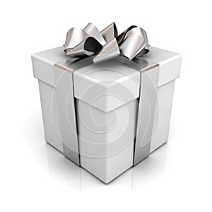 Gift box with silver ribbon bow on white