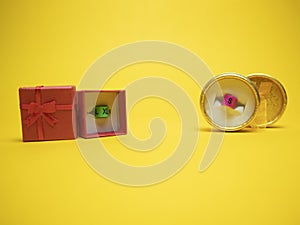 Gift box with size. Isolated on yellow background