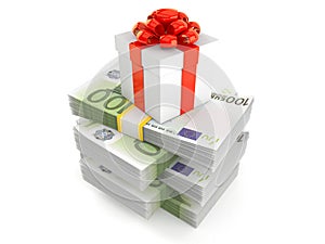 Gift box on stack of money