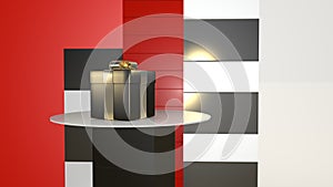 A gift box stands on a stand or showcase in a store.